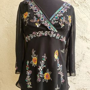 Rita Blue black beaded sequin floral indie Top NWOT 14